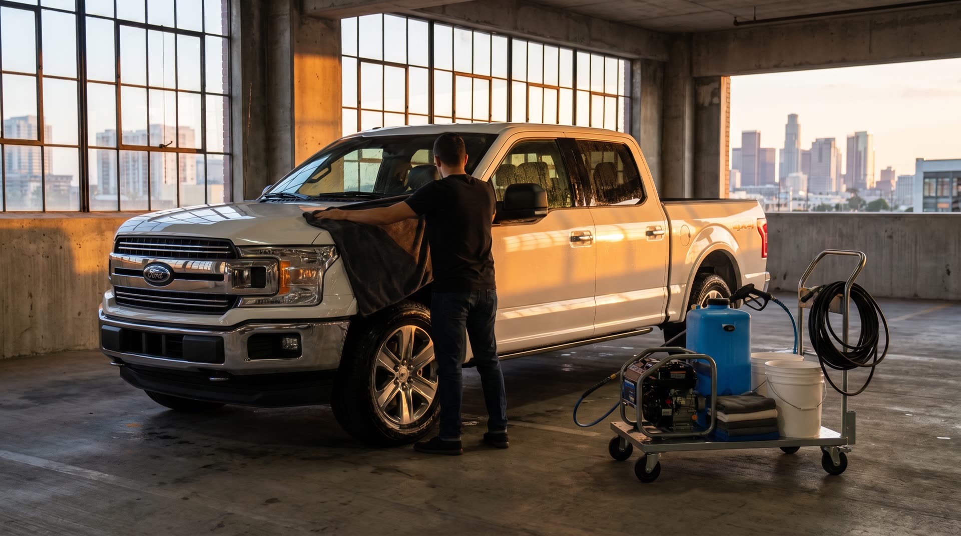 White pickup truck being hand-dried beside a mobile detailing cart in an office parking garage at sunset